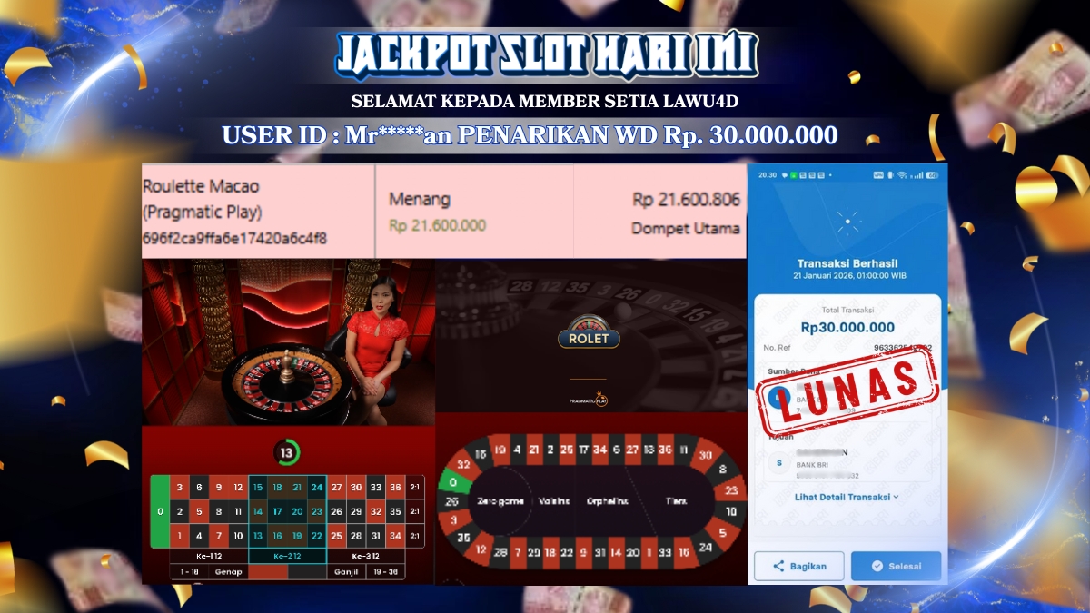 Jackpot Hari ini Di Live Casino Pragmatic Play Game Roullete Macao Rp 30.000.000
